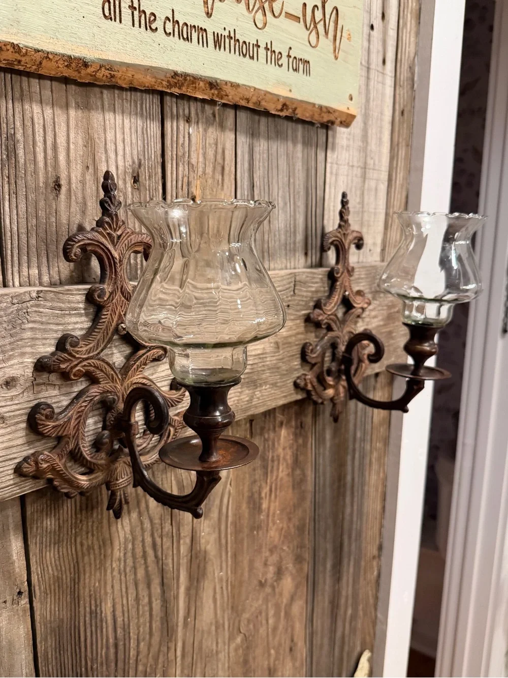Pair of vintage BOHO scroll-work metal candle wall sconces
